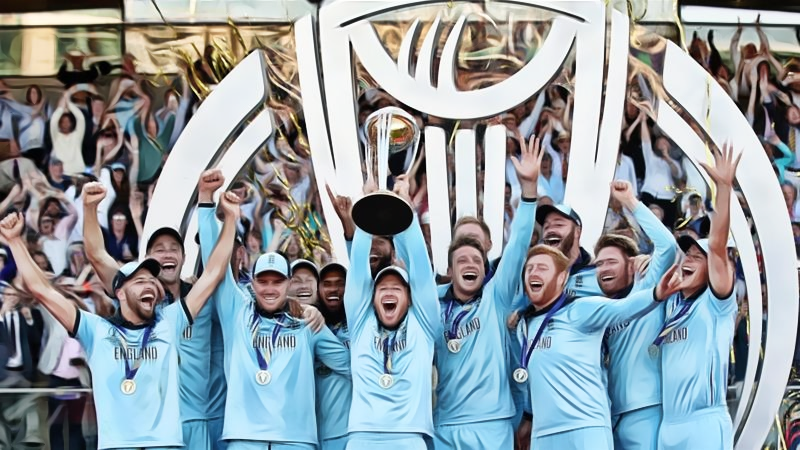 England Cricket Team Lifting the ICC World Cup Trophy